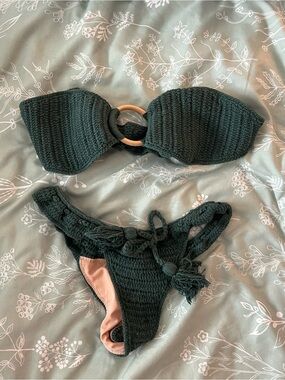 AKOIA Women’s Black Crochet Bandeau Bikini Set with Ring Detail